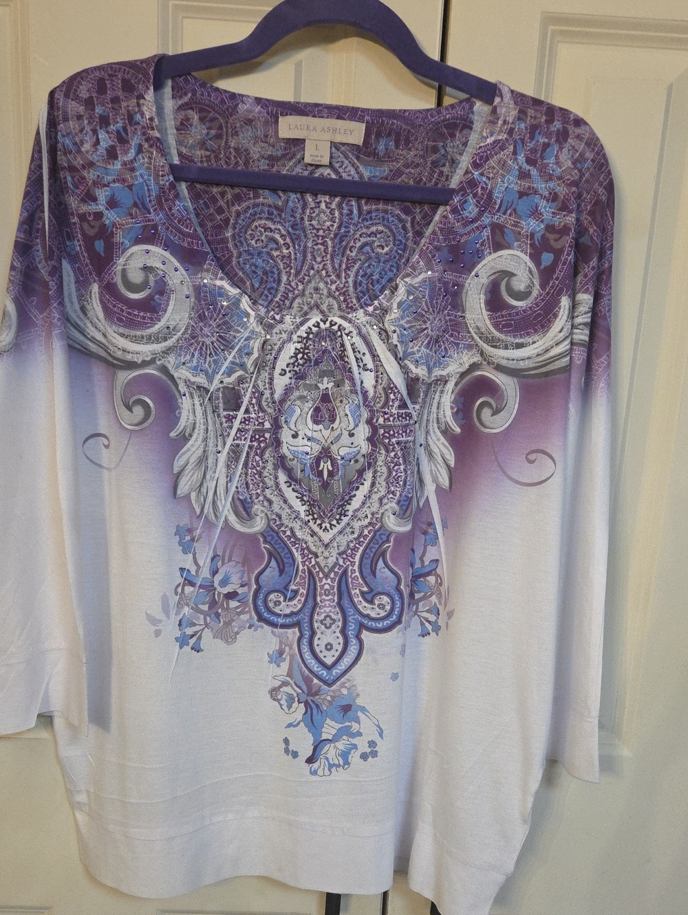 Laura Ashley Purple and White Ornate V-Neck Tunic